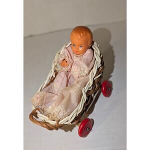 Vintage Real Wicker German 4" Baby Buggy Stroller Pram with Celluloid doll